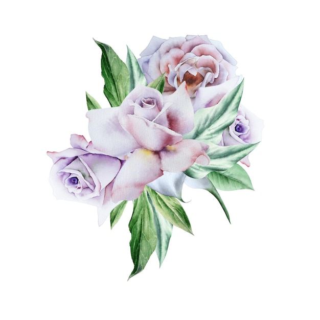 Watercolor bouquet with flowers. Rose.  Illustration.  Hand drawn.