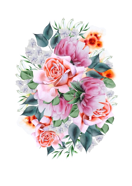 Watercolor bouquet with flowers. Rose. Peony.  Illustration.  Hand drawn.