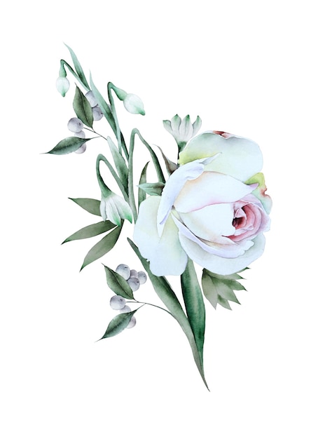 Watercolor bouquet with flowers. Rose. Snowdrops.   Illustration. Hand drawn.