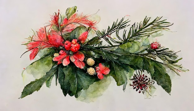 Watercolor bouquet with green winter leaves pines branches red berries flowers Generative Ai