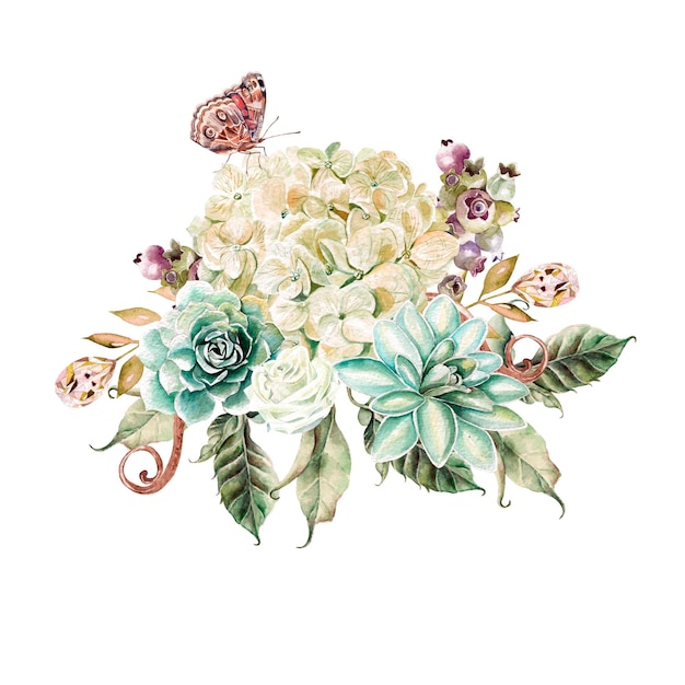 Watercolor bouquet with hydrangea flower rose and succulents Illustration