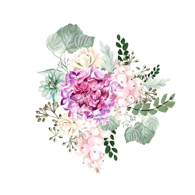 Watercolor bouquet with hydrangea flowers, roses, succulent plants, berries and leaves. Illustration