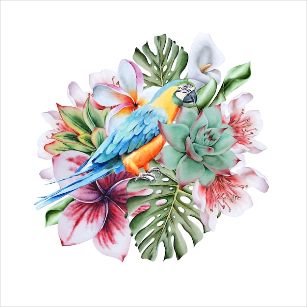 Watercolor bouquet with tropical flowers and parrot.  Hand drawn.