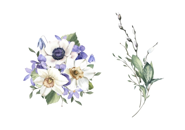 Watercolor Bouquets with Daffodils Anemone and Violets