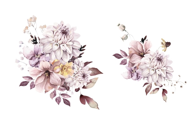 Watercolor Bouquets with Dahlias Dried Flowers and Leaves