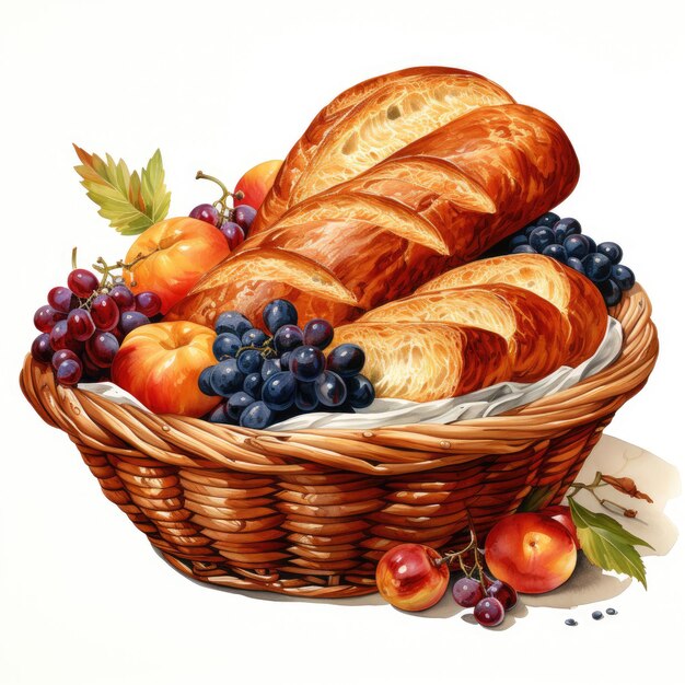 Watercolor Bread Basket illustration Generative Ai