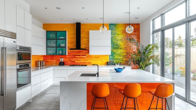 Photo watercolor bright kitchen with white cabinets and a colorful backsplash