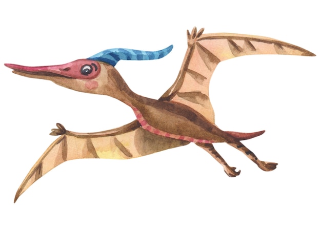 Watercolor brown dinosaurus Pterodactyl on white background