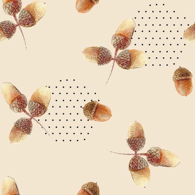 Watercolor brown forest seamless pattern with acorns