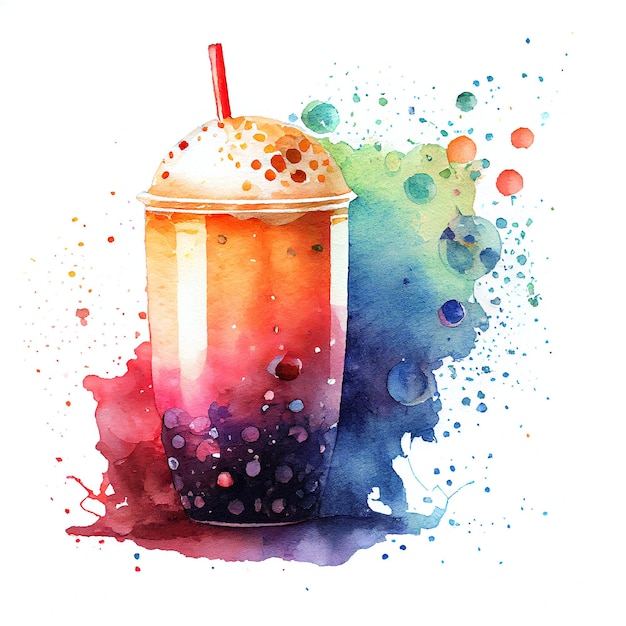 Watercolor bubble milk tea with caramel Hand drawn isolated summer drink Tapioca pearl milk