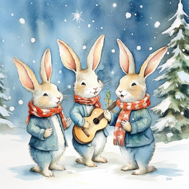 Watercolor bunnies in clothes singing Christmas tree Illustration AI Generative