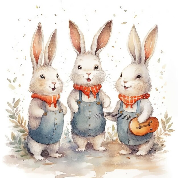 Watercolor bunnies in clothes singing Christmas tree Illustration AI Generative