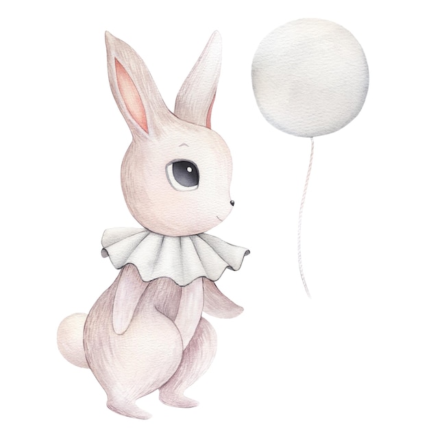 Watercolor bunny rabbit hare gray set balloons cutie cute animal portrait in pastel colors stickers