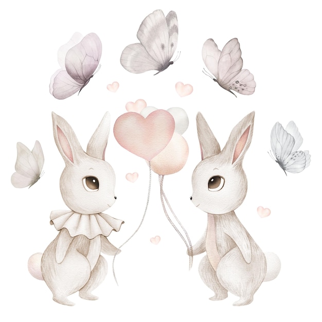 Watercolor bunny rabbit hare gray set balloons cutie cute animal portrait in pastel colors stickers