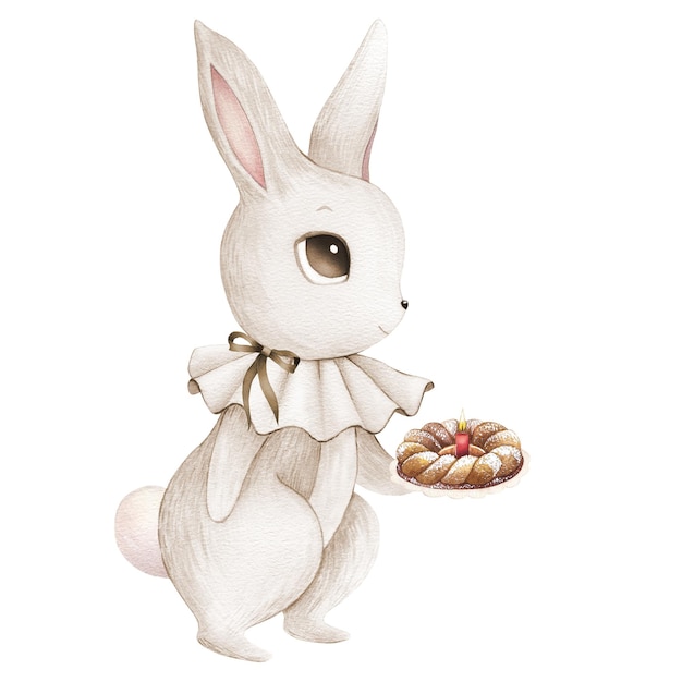 Watercolor bunny rabbit hare gray set dessert cutie cute animal portrait in pastel colors stickers