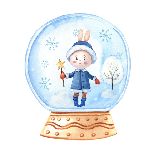 Watercolor Bunny in snow globe. Christmas illustration with Hare. New Year Winter Rabbit