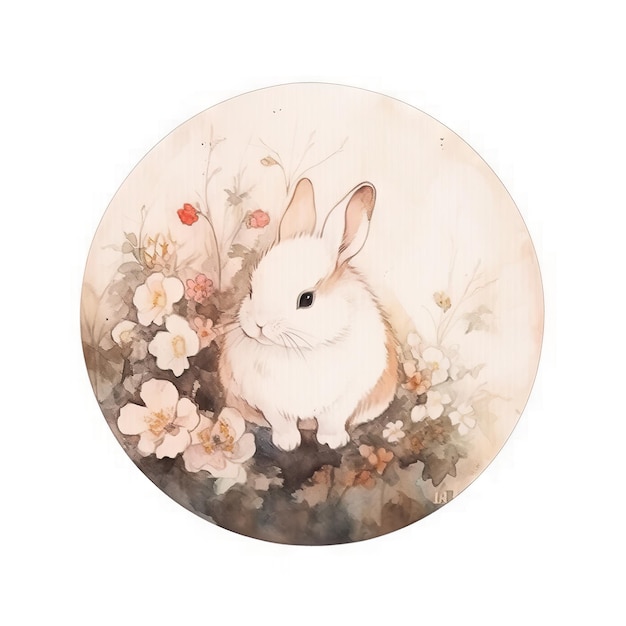 Watercolor bunny with flowers Easter rabbit with spring flowers and leaves Cute vintage animal