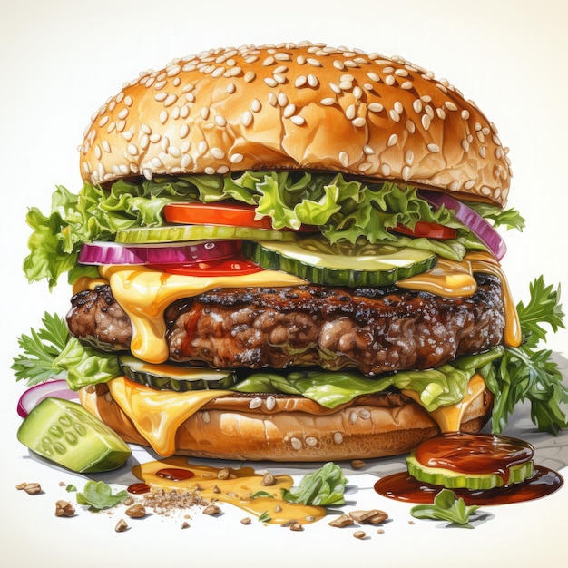 Watercolor Burger Clipart illustration Generative Ai