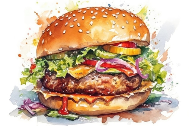 Watercolor Burger On White Background Generative AI