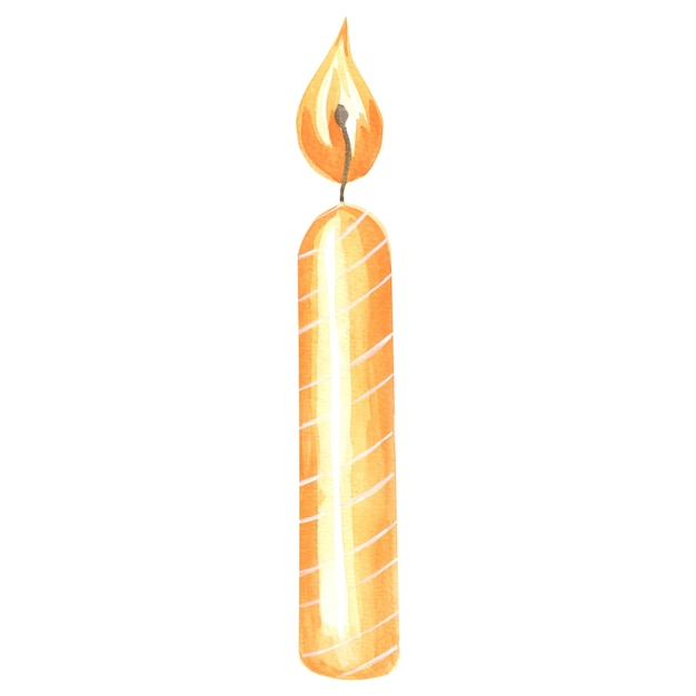 Watercolor burning birthday candle yellow isolated template illustration of festive accessories hand