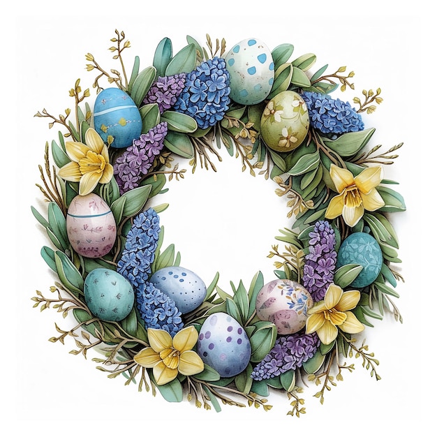 Watercolor bushy wreath made from spring flowers with Easter eggs AI Generated