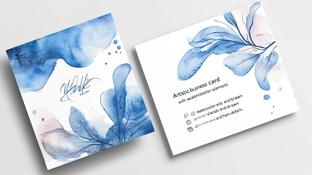 Photo watercolor business card mockup with botanical elements