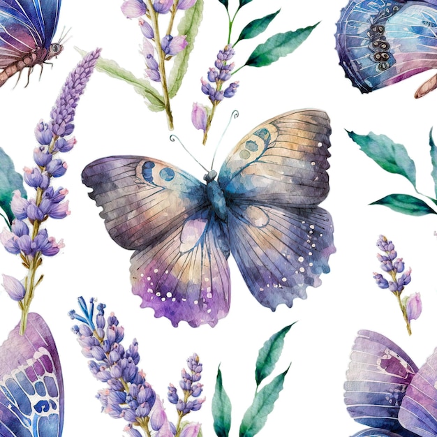 Watercolor butterfly and lavender flower elegant painting seamless pattern background