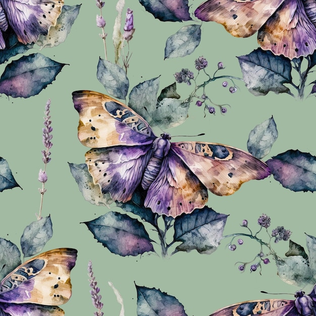 Watercolor butterfly and lavender flower elegant painting seamless pattern background