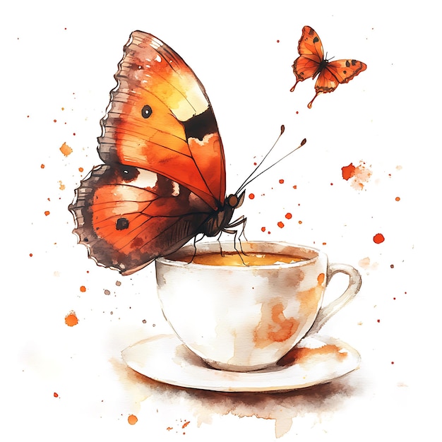 Watercolor Butterfly Perched on a Cup of Coffee