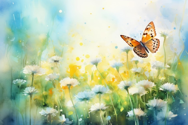 Watercolor butterfly on wildflowers in spring