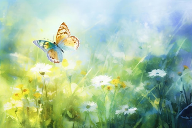 Watercolor butterfly on wildflowers in spring