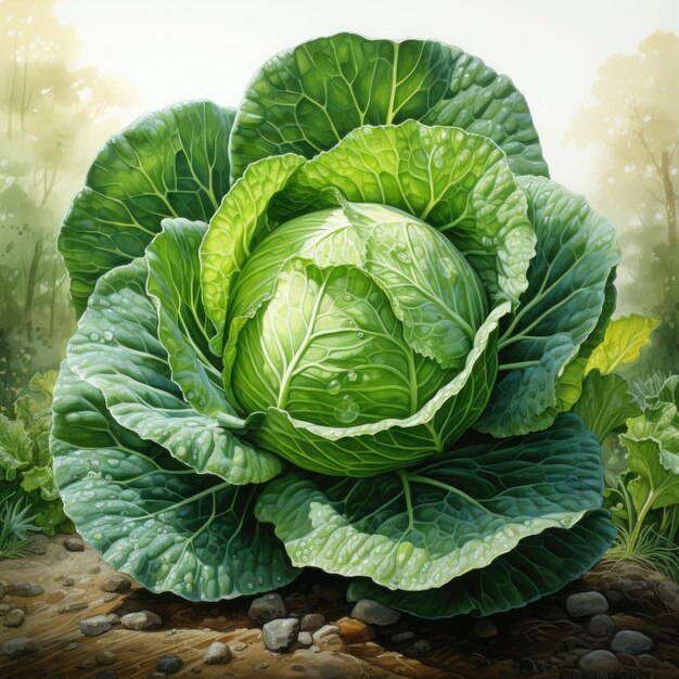 Watercolor Cabbage Clipart illustration Generative Ai