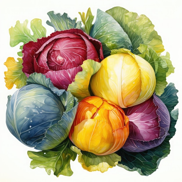 Watercolor Cabbage Illustration Generative Ai