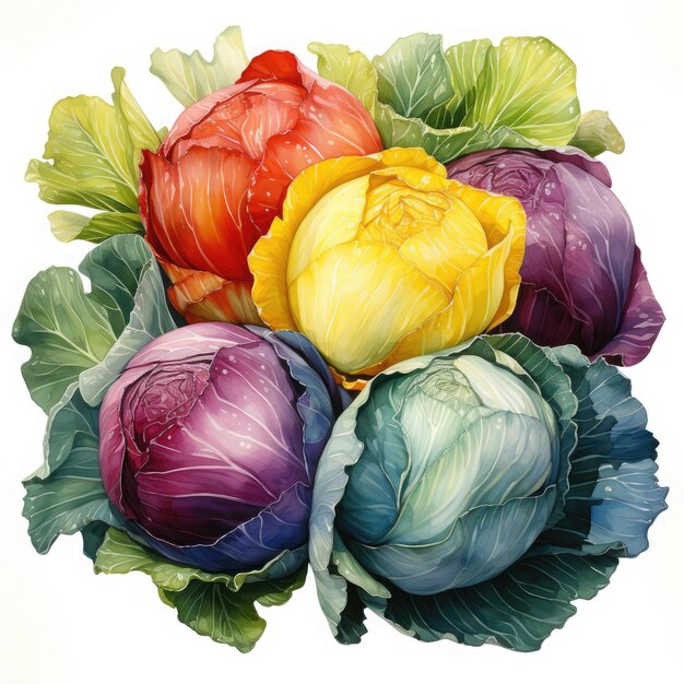 Watercolor Cabbage Illustration Generative Ai