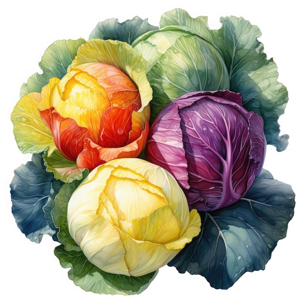 Watercolor Cabbage Illustration Generative Ai