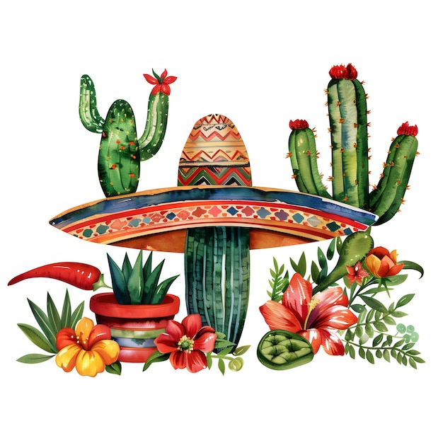 Photo watercolor cactus and mexican sombrero vector illustration