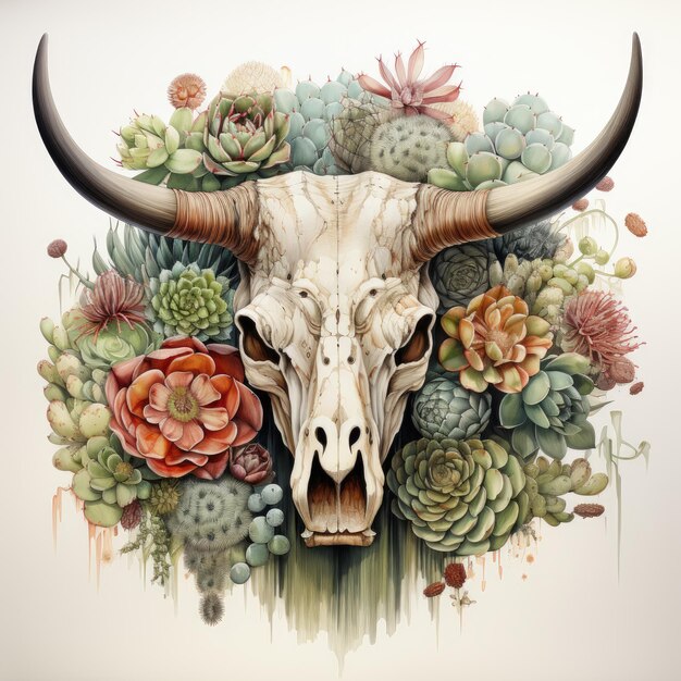 Watercolor Cactus with Bull Skull illustration Generative Ai