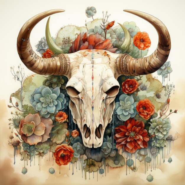 Watercolor Cactus with Bull Skull illustration Generative Ai