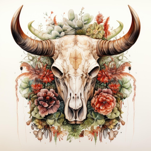 Watercolor Cactus with Bull Skull illustration Generative Ai