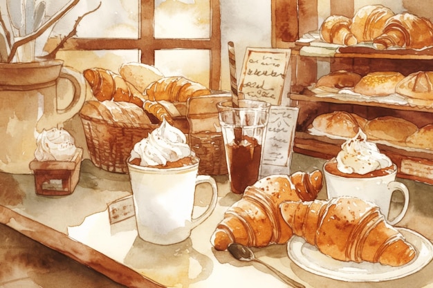 Photo watercolor cafe scene with croissants and coffee in a cozy bakery setting