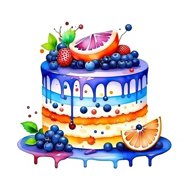 watercolor cake with chocolate cream with berries on a white background