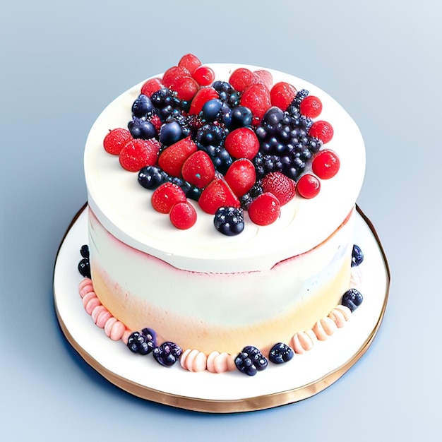 watercolor cake with chocolate cream with berries on a white background