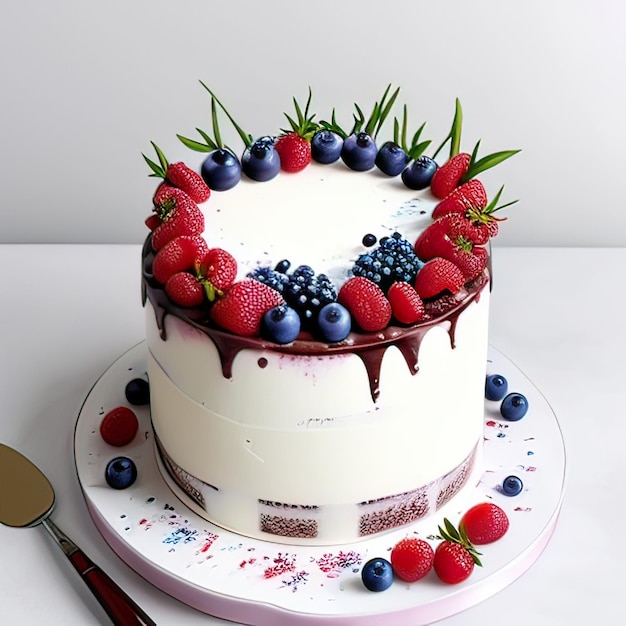 watercolor cake with chocolate cream with berries on a white background