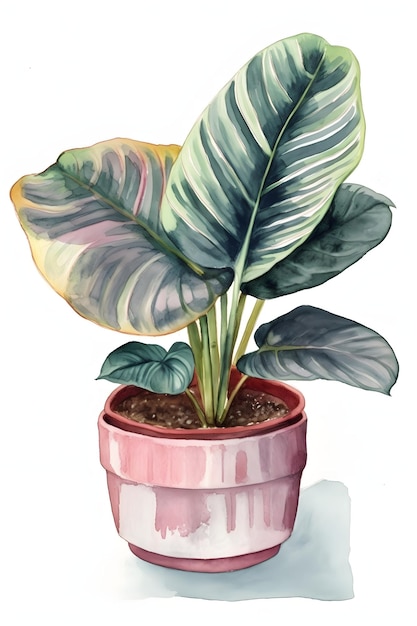 Watercolor Calathea Plant in Pot for Serene and Natural Home Decor Generative AI