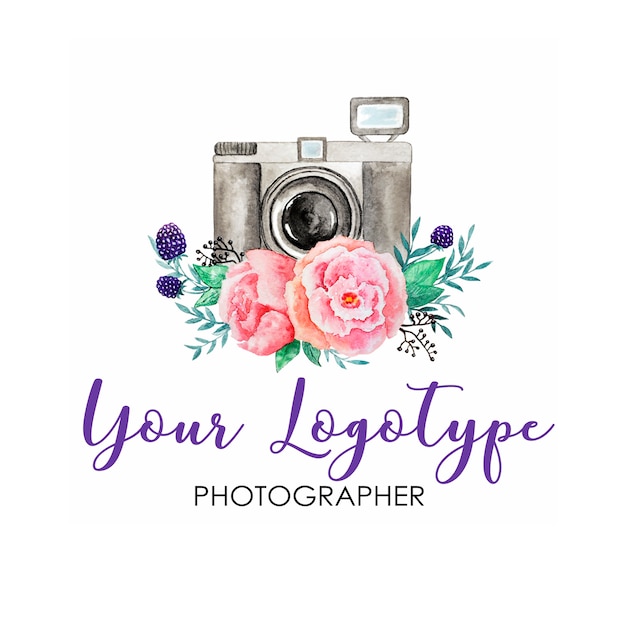 Watercolor camera illustration, stock logotype, photography logo design, hand drawn photocamera art