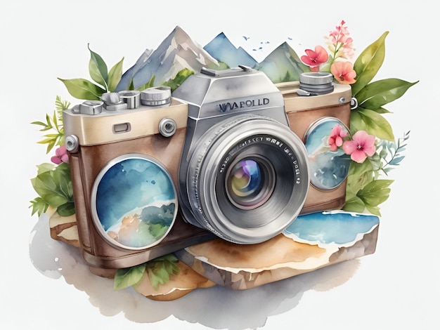 Watercolor Camera with Floral and Mountain Elements