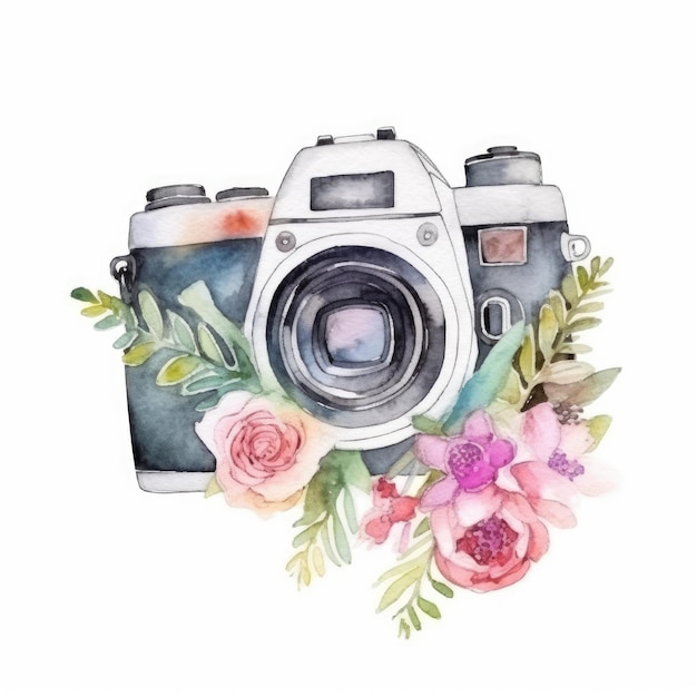 Watercolor camera with flowers on a white background