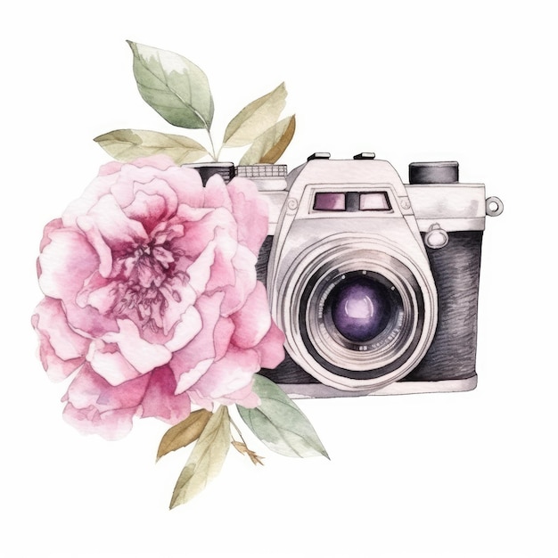 Watercolor camera with flowers on a white background