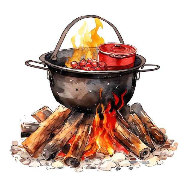 watercolor Campfire cooking pot western wild west cowboy desert illustration clipart