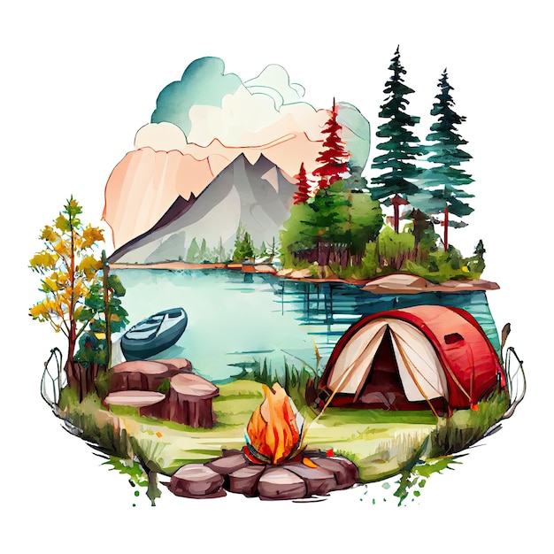 Watercolor camping tent campsite with campfire lake river nature landscape illustration